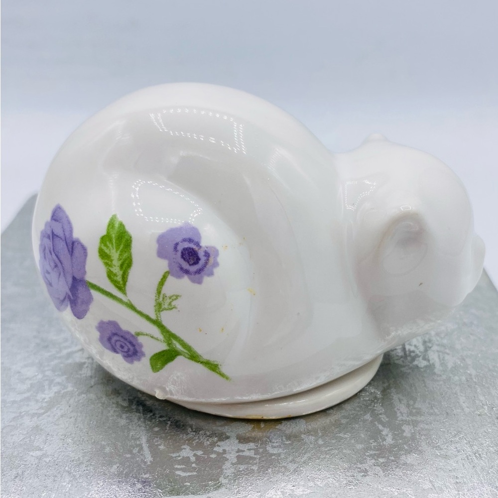 Vintage Small Porcelain Cat Trinket Box With Purple Flowers Made In Japan